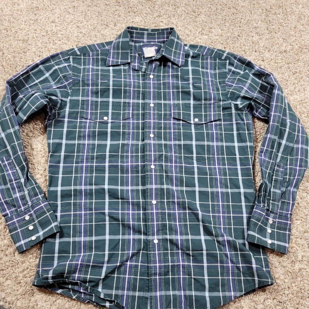 Wrangler Western Pearl Snap Shirt Mens Medium Plaid Cowboy Long Sleeve Western